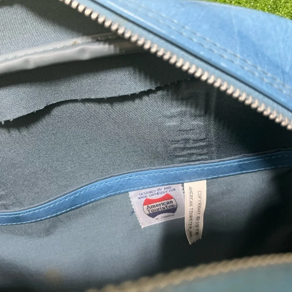 Vintage Blue Leather Duffle Bag 1960s Carry On Weekender American Tourister MINT
